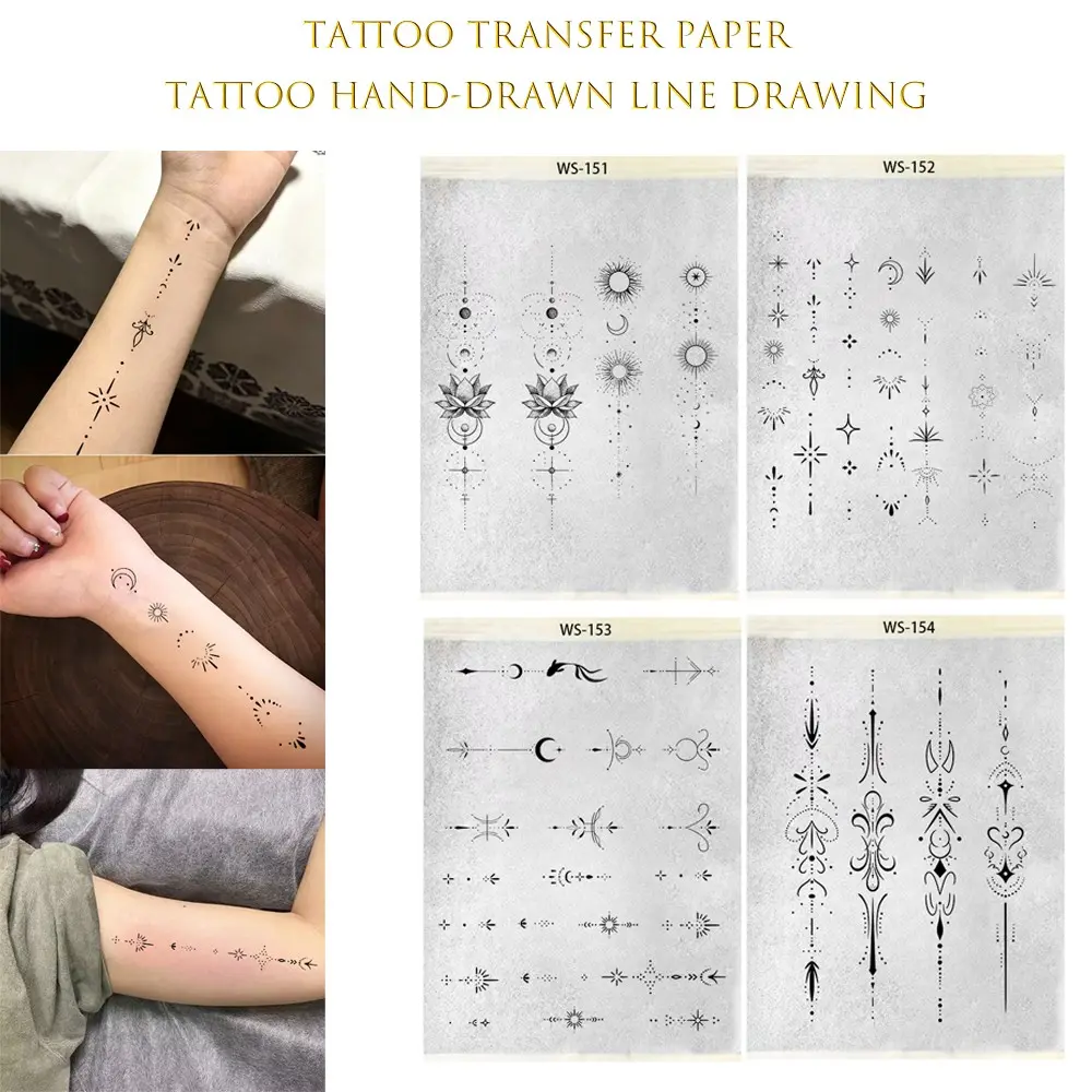 A4 size pre-drawn tattoo transfer paper, featuring single-needle line tattoo stencils, Tattoo Outlines of sun, moon, stars, and more. Easy-to-use temporary tattoo supplies, perfect for DIY tattoos, Tattoo For Beginners