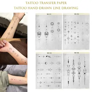 A4 size pre-drawn tattoo transfer paper — featuring single-needle line tattoo stencils of sun, moon, stars, snowflakes, lotus flower, and more. Easy-to-use temporary tattoo supplies, perfect for DIY tattoos.
