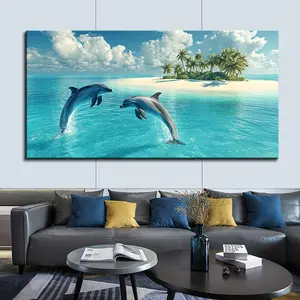 1.5 Inch Thick Pine Wood Frame, Beautiful Canvas Poster, Dolphin Seascape Painting, Canvas Mural, Art Wall Painting Gift, Bedroom, Office, Living Room, Cafe, Bar, Wall Decoration, Home And Dormitory Decoration