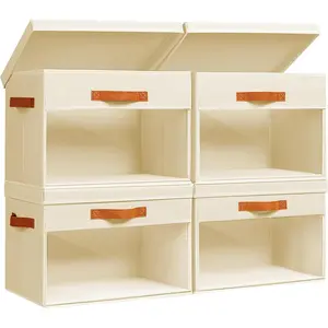 Large Storage Bins with  - 4 Pack Foldable Decorative Organizers with Clear Windows & Handles, Cube Storage Organizers for Clothes, Blankets, Sweaters, Sheets, Beige