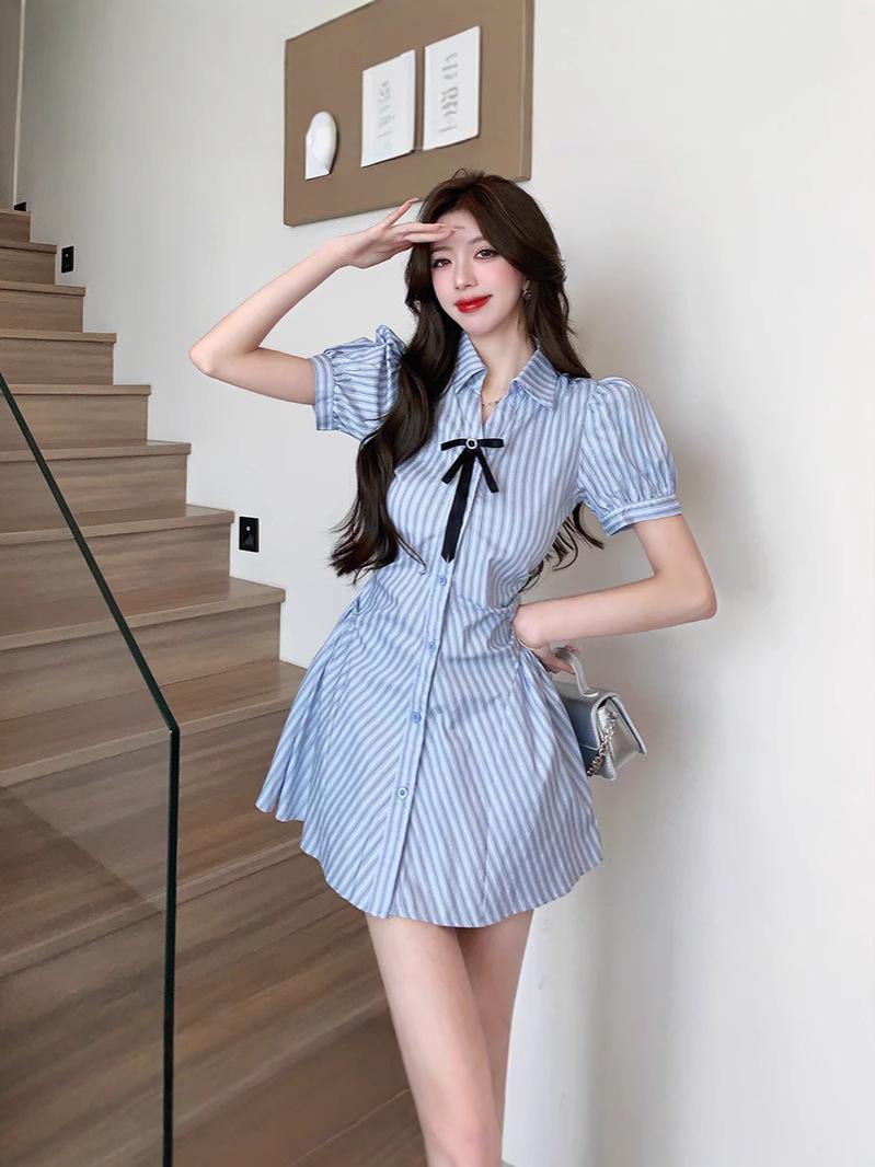 Preppy striped button-down dress | A-line mini dress with bow detail
