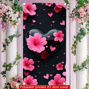 2D flat banner, 1pcGlossy Black Heart Shaped Backdrop with Pink Flowers & Hearts, Romantic Whimsical Party Decor, Black Background Valentine’s Day Decorationsgalentines party decor, valentine day decor, decorations for valentines day