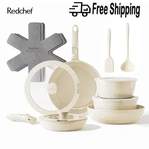 Redchef 5/16pcs Ceramic Pots and Pans Set Non Stick, NonstickKitchen Cookware Set with Detachable Handle,NonToxiC,PFAS PFOA & PTFE Free,RV Ceramic CookwareSet for Camping, Dishwasher/Oven Safe pots pans set