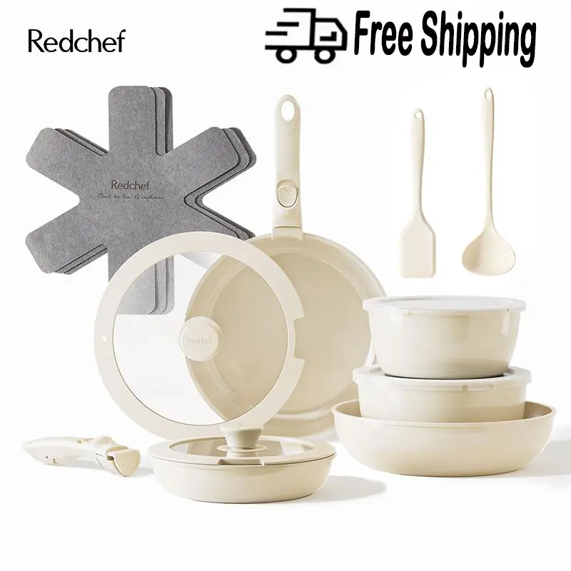 Redchef 5/16pcs Ceramic Pots and Pans Set Non Stick, NonstickKitchen Cookware Set with Detachable Handle,NonToxiC,PFAS PFOA & PTFE Free,RV Ceramic CookwareSet for Camping, Dishwasher/Oven Safe pots pans set