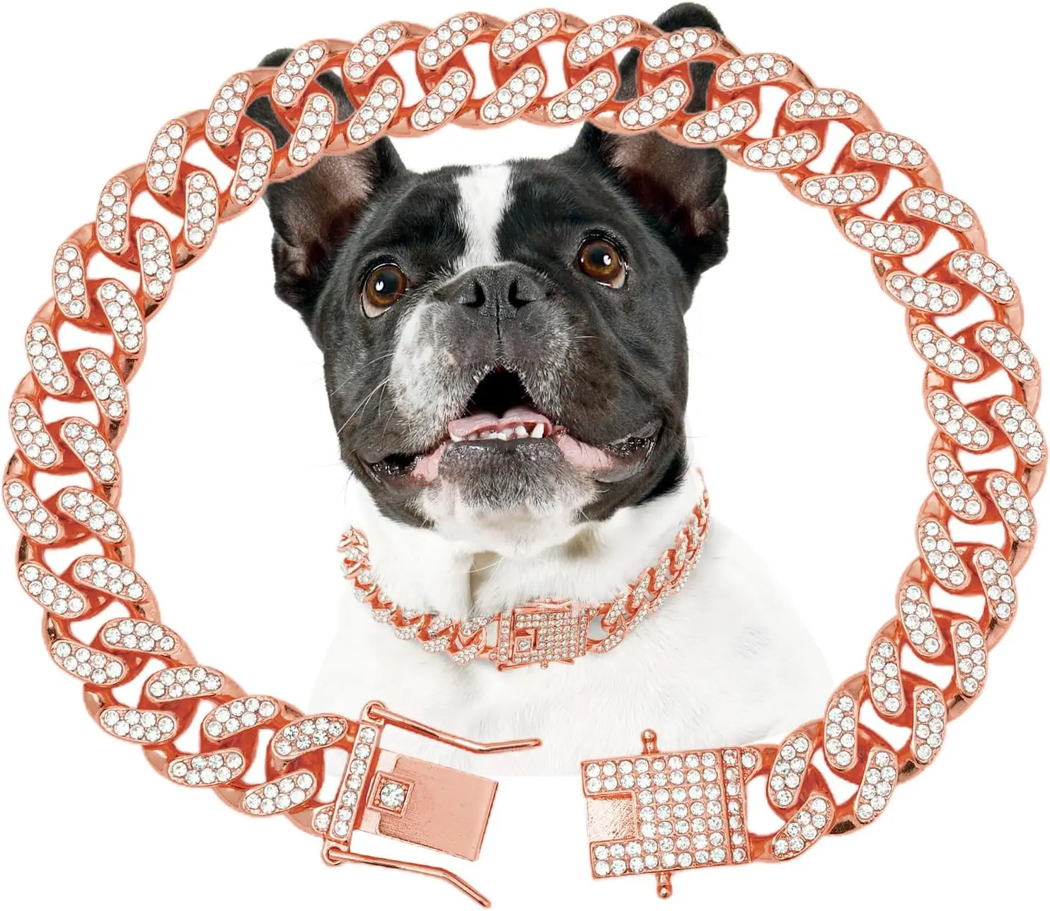 PetFusion Zinc Alloy Dog Chain Collar - 12mm Wide, Rose Gold Crystal, 8in Durable Stylish, Skin Safe for Small-Large Dogs, Training Walk Jewelry Accessory, Traveling