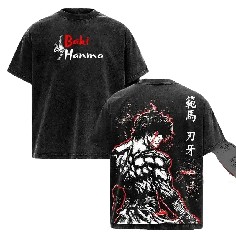 Men's Vintage Washed Finish Heavyweight Cotton T-Shirt - BAKI Hanma Anime Graphic, Oversized 230gsm, Round Neck with Rib, Soft Tops