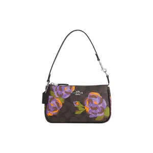COACH Nolita 19 Small Crossbody Handbag for Women – Silver Logo and Iris Print Canvas with Leather, Coffee