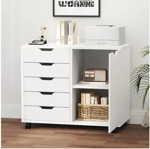 5-Drawer Wood File Cabinet, Mobile Printer Stand with Adjustable Shelf & Wheels, Storage Shelves for Home Office