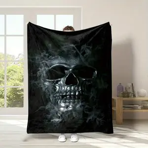 One Piece, Black Skull Print, All Seasons, Reversible, Soft and Fluffy, Non-Shedding, Durable Polyester Blanket, 200-250g, Modern Style, Cartoon Theme, Suitable for Home, Office, Bed, Nap, Gift for Family and Friends