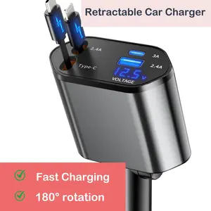 4 in 1 Retractable Car Charger, USB C Fast Charging Adapter with Lightning Cable Compatible with iPhone 16/15/14/13 Pro Max Plus, Samsung S23/S22/S10 Universal Compatibility