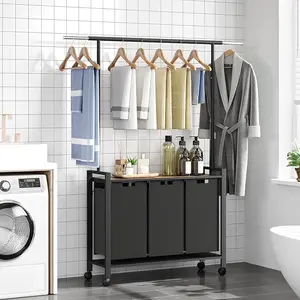 Sorter Cart with Hanging Rod, 3 Section Laundry Hamper with Wheels for Small Spaces Laundry Organizer Dirty Clothes Hamper for Apartment