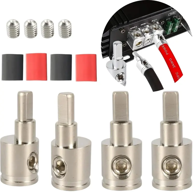 Input Reducer 0 Gauge to 4 Gauge Wire Reducer Power/Ground GA Adapters Audio Amplifier Cable Terminals Nickel Plated Brass 4PCS with Heat Shrink Tubing