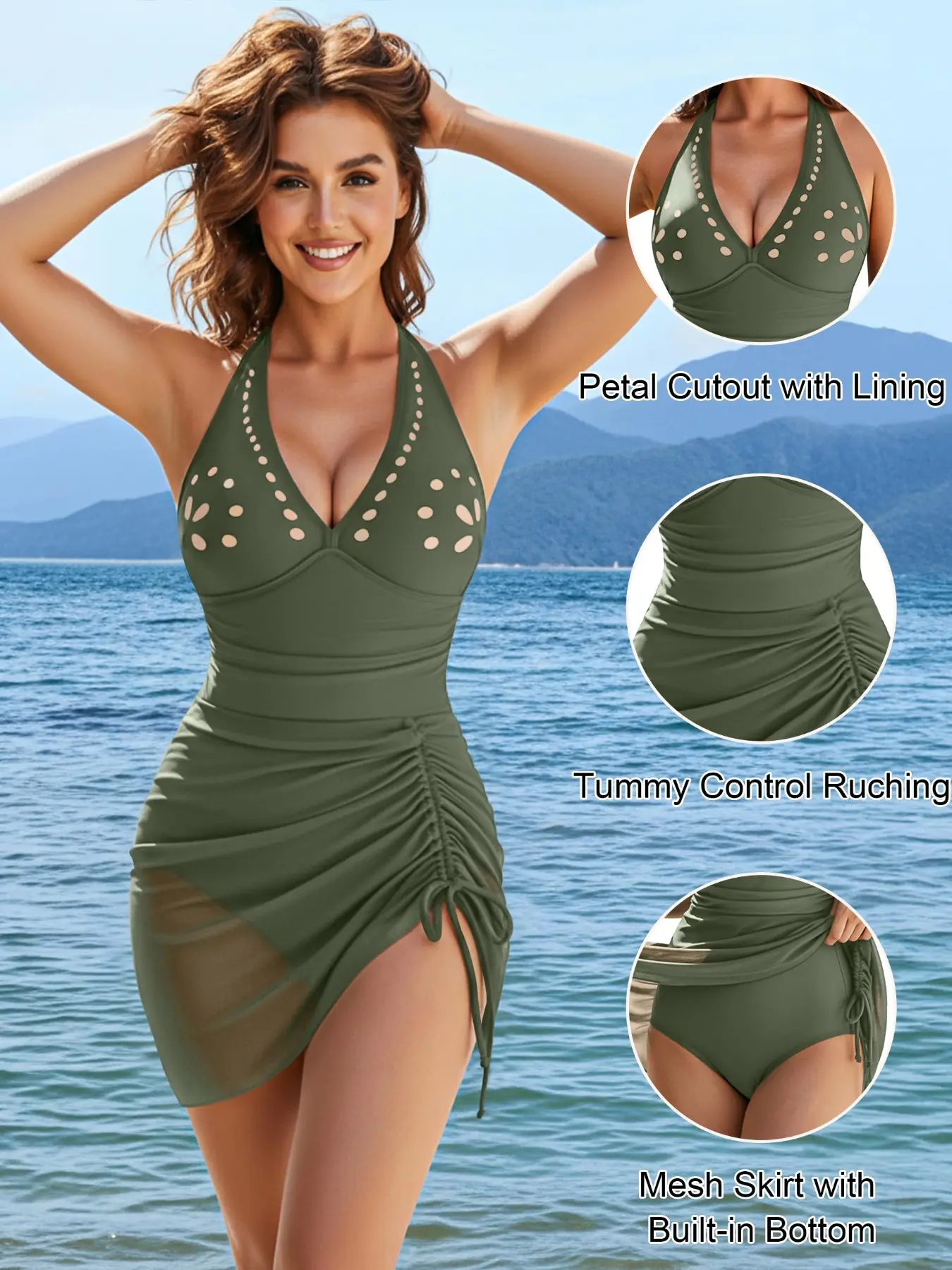 Women's Halter Neck Bodycon Skirted One-Piece Swimsuit, Sexy Holiday Beachwear, Slim-Fitting Tankini Bikini, Tummy Control Swimdresses, Mesh Swimsuits, Halter Bathing Suit, Skirt Style Swimdress, Halter Neck Swimwear, Beach Swimwear Clothes