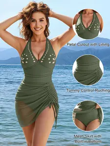 Women's Fashionable Halter Neck Bodycon Skirted One-Piece Swimsuit, Elegant Sexy Holiday Beachwear, Slim-Fitting Tankini Bikini