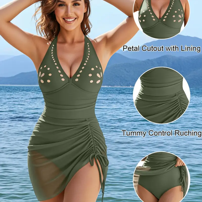 Women's Halter Neck Bodycon Skirted One-Piece Swimsuit, Sexy Holiday Beachwear, Slim-Fitting Tankini Bikini, Tummy Control Swimdresses, Mesh Swimsuits, Halter Bathing Suit, Skirt Style Swimdress, Halter Neck Swimwear, Beach Swimwear Clothes