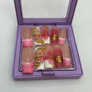 Handmade Beauty Press On Nails with Vibrant Floral 3D Designs and Gold Accents for Elegant Multicolor Manicure