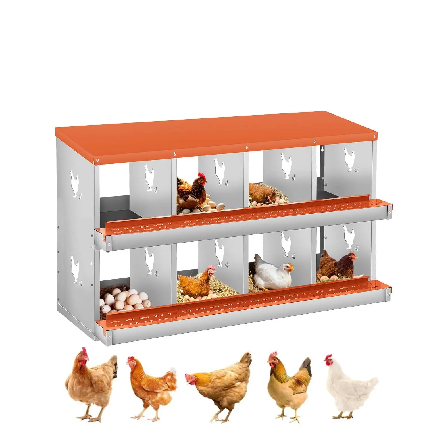 8-compartment chicken nesting box, two-tier galvanized steel egg laying box with large vented holes, wall-mountable design, easy egg collection and cleaning for chickens — orange