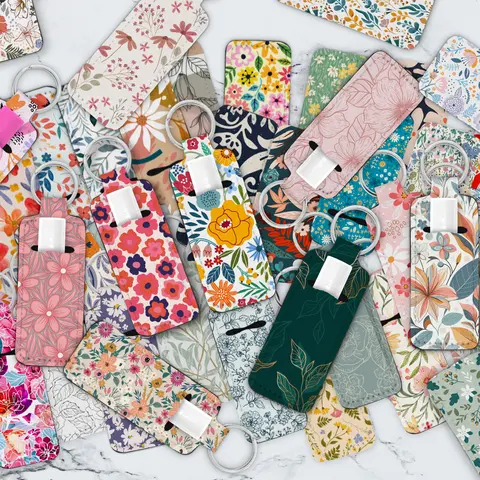 Cute Floral Flowers, Retro Boho, Y2K Pattern Lipstick Chapstick Holder for Keychain, Keychain Gift, Flower Pattern, Keychain Accessories