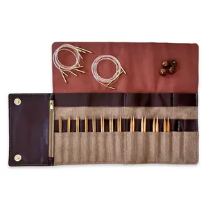 Premium 5 Inch Olive Wood Interchangeable Circular Knitting Needle Set | Leather Case (29 Piece Set)