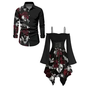 DRESSLILY Halloween Gothic Couple Outfit Women's Skull Rose Print Lace Up Off the Shoulder Asymmetrical Dress and Men's Long Sleeve Shirt Set