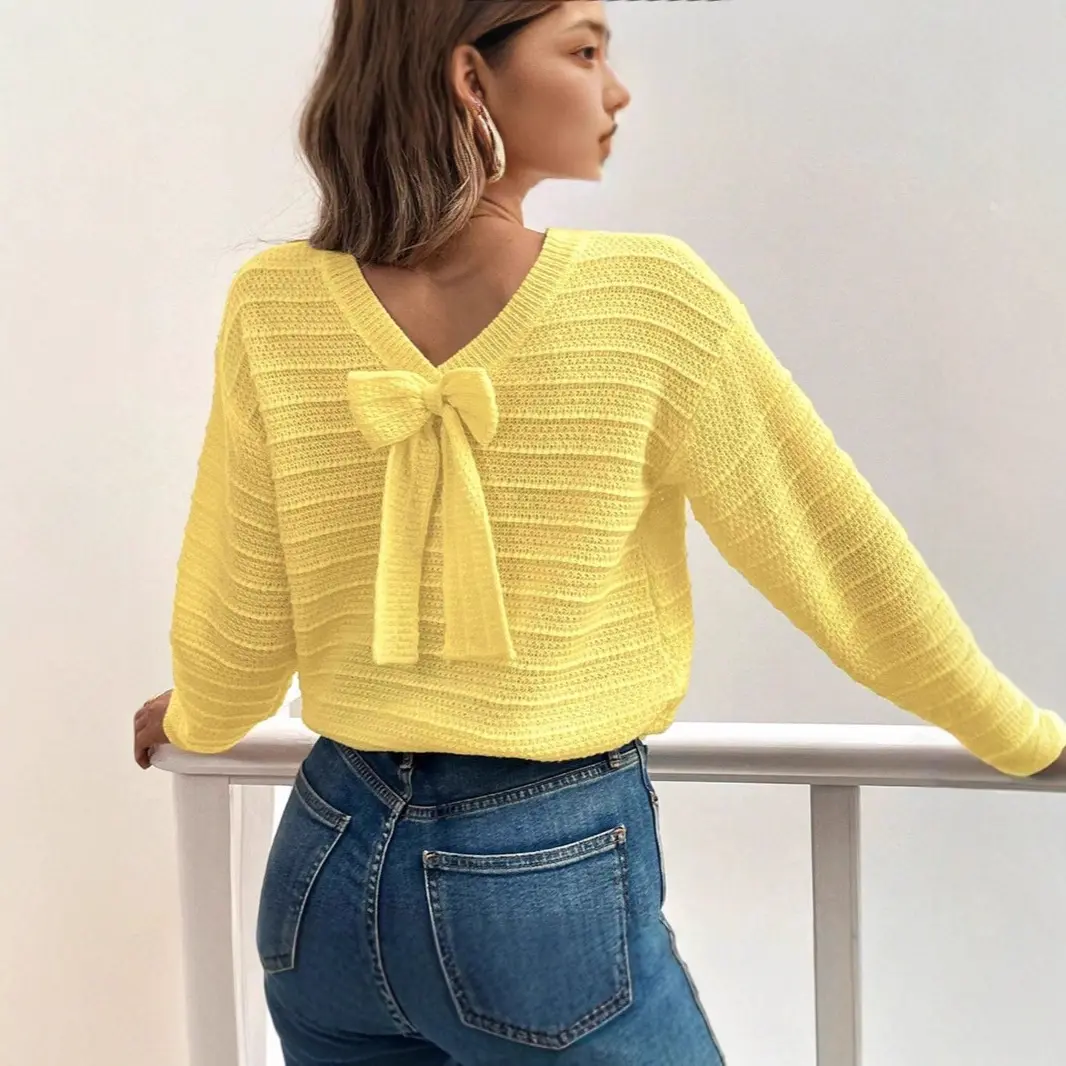crew neck soft knit sweater with delicate bow detail on the back, timeless versatile casual top, gentle stylish layering piece suited for european american autumn and winter daily sweet relaxed everyday fashion outfits