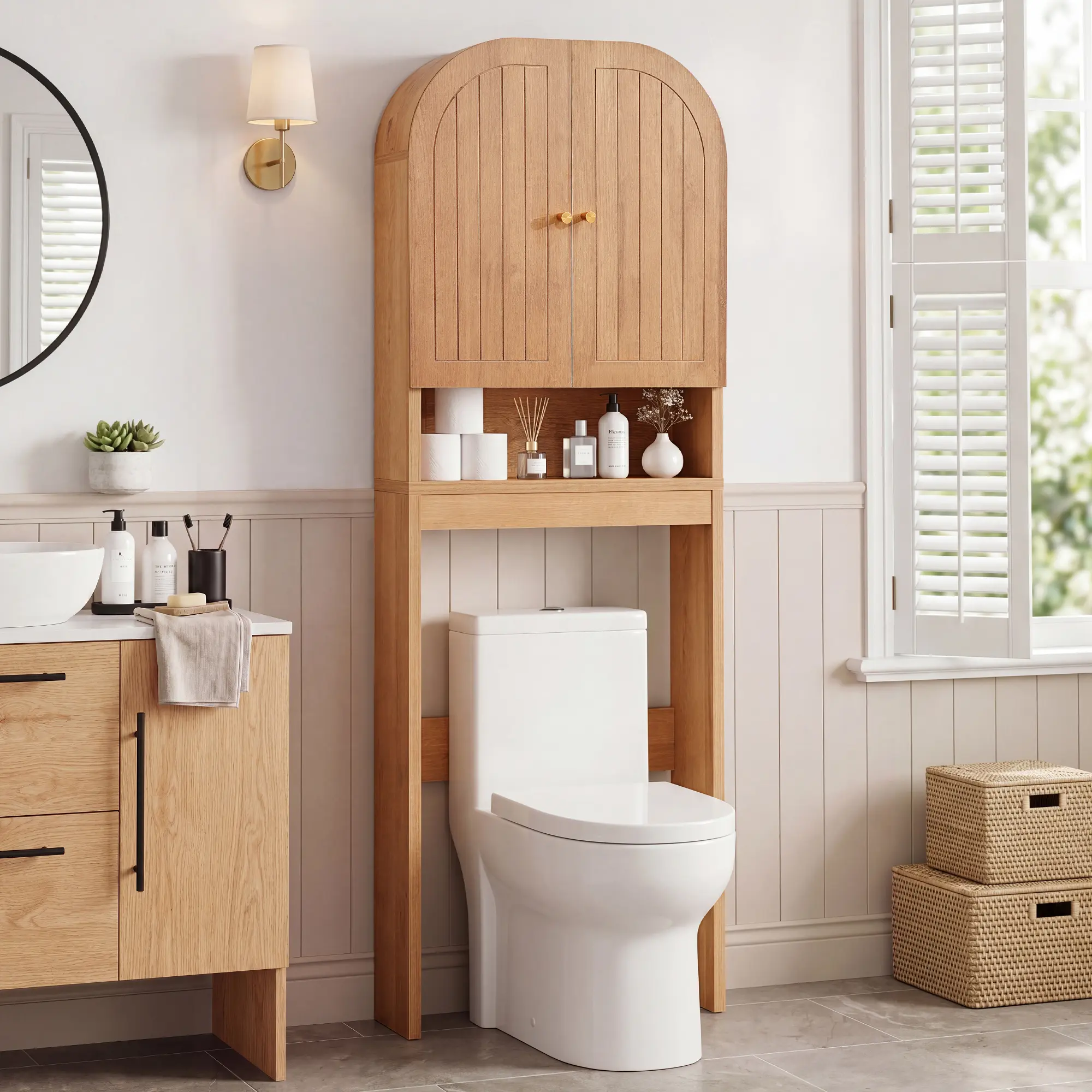 Giratree Arched Over The Cabinet with Fluted Doors, 4 Tier Small Bathroom Shelf Organizer, Mid Century Modern Bathroom Cabinet with Adjustable Shelf, Slim Narrow Arch Toilet Rack