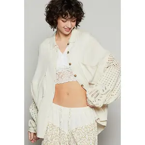 POL Crochet Patchwork Oversized Button-Up Blouse Long Sleeve High-low Gauze Shirt