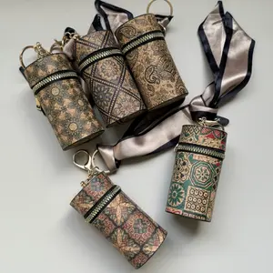 Elegant Floral PU Leather Lipstick Holder Keychain, Round Cylindrical Design with Black Ribbon and Rhinestone Accent, Perfect for Women’s Fashion Accessories, Cosmetic Storage