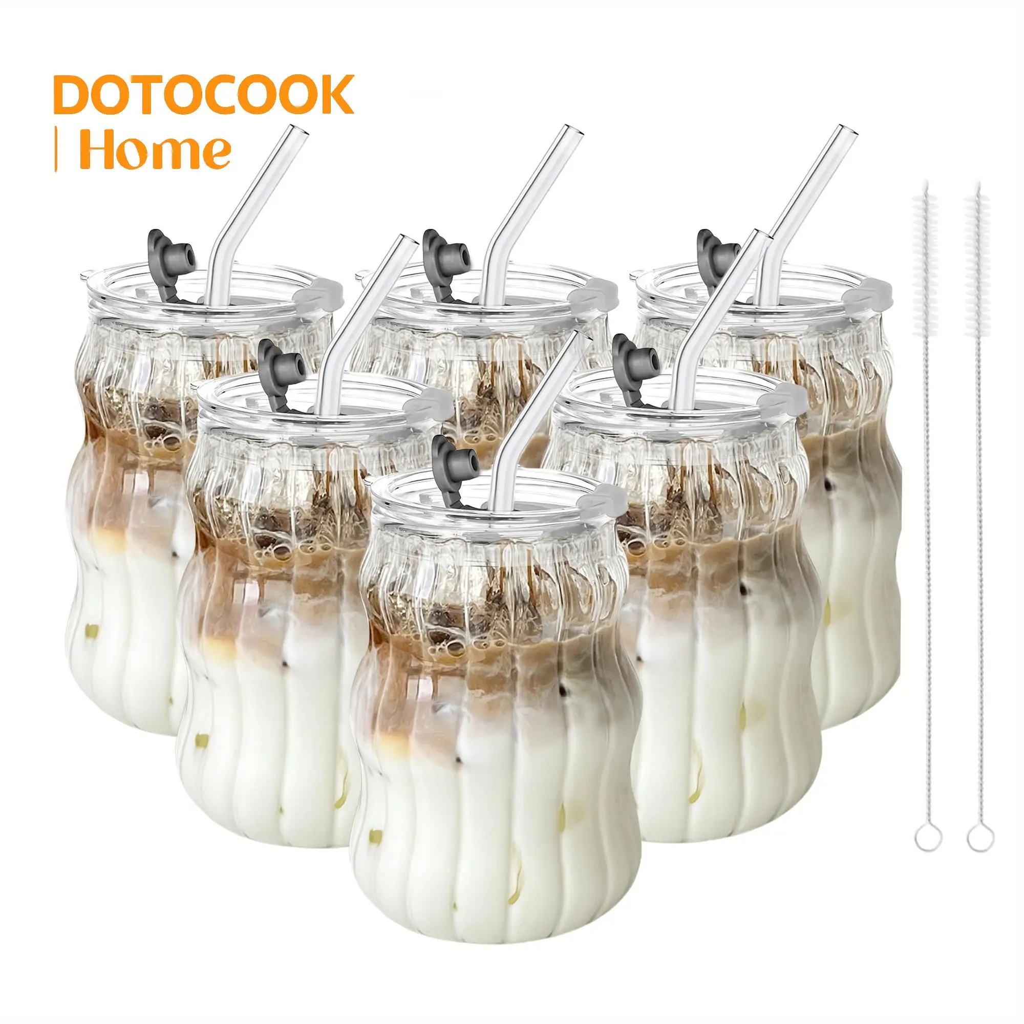 Glass Cup with Straw & Lid, 4/6 Counts Portable Clear Ripple Glass Cup with Cleaning Brush, Summer Cool Bottle Drinking Cup for Coffee, Latte, Water,