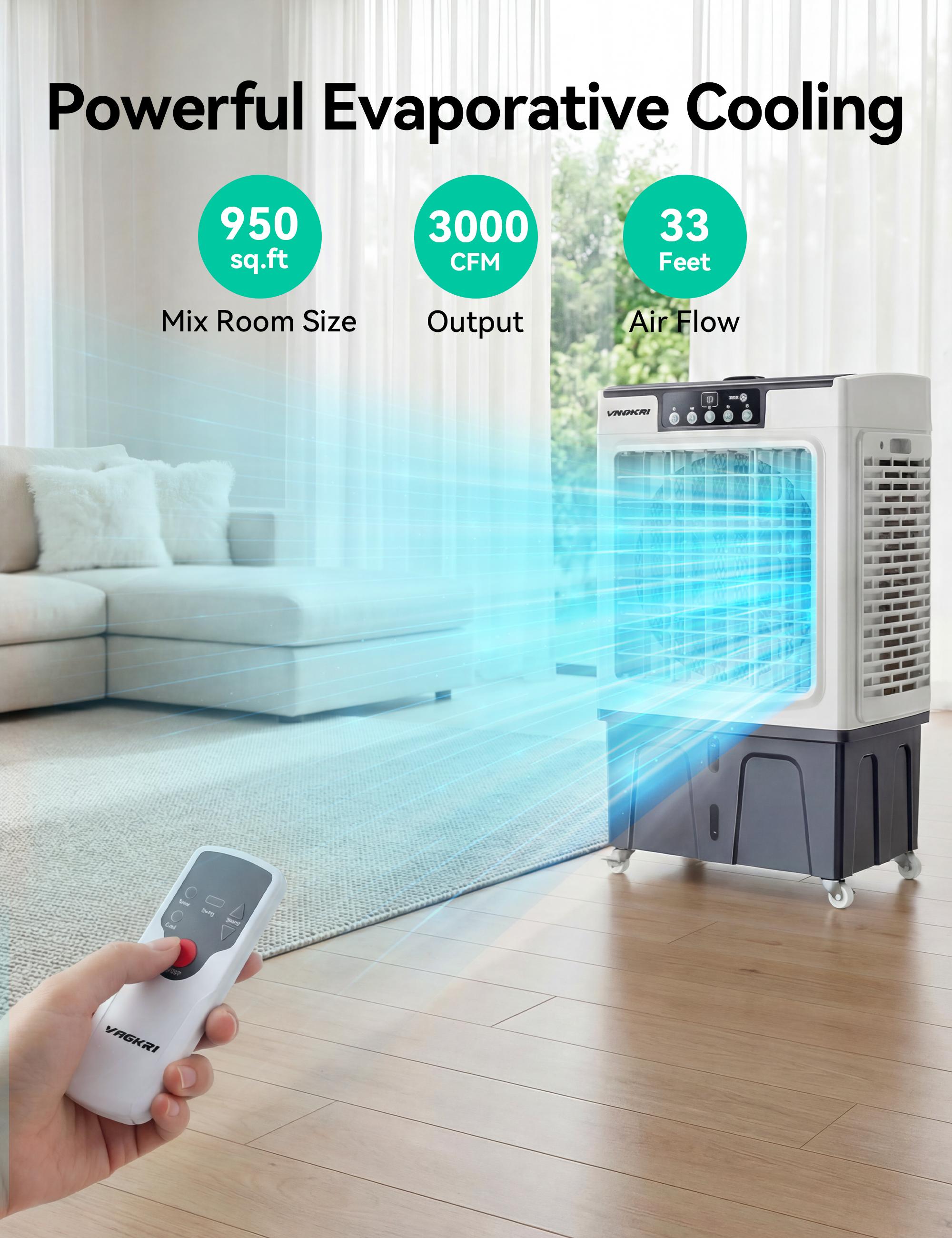 VAGKRI cooling-type household air conditioner, 12 Gal Tank, 3000 CFM, 3 modes, 3 fan speeds, 120° oscillation, 24-hour timer, fee remote control, household fan, floor fan, suitable for indoor and outdoor use.