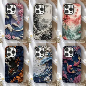 Luxury 3D Japanese Art Phone Case, Sculptural Wave and Koi Fish Texture Cover, Shockproof Protective Designer Case, Ethereal 3D Relief Nature Accessory