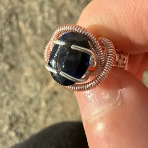 Blue sapphire hand made wire wrapped ring size 6 in silver and rose gold