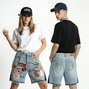 Y2K Retro Patchwork Denim Shorts Streetwear Hip Hop High Street Casual Daily Fitness Skate Park Festival Outfit Men Women Couples Unisex Loose Trend Fashion Bottom