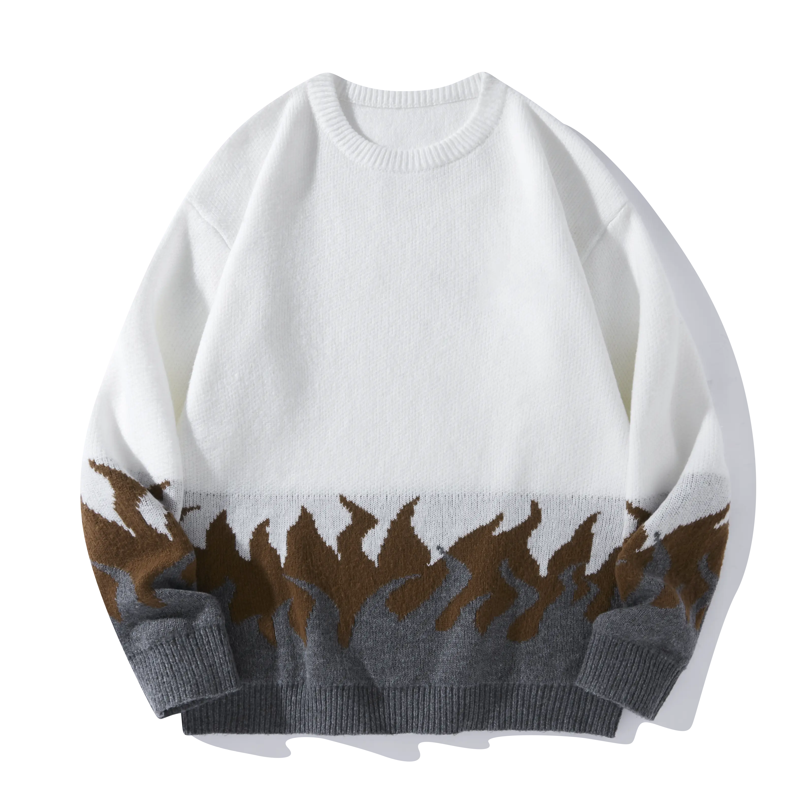Oversized Color Block Flame Pattern Knit Sweater, Crew Neck Long Sleeve Loose Fit Pullover Jumper For Men Women Streetwear