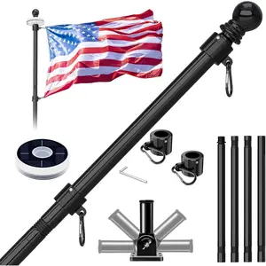 5 FT Flag Pole for Outside House with Solar Light,  Free Stainless Steel Flag Pole Kit, 180? Adjustable Flag Pole Holder & Flag Holder Bracket, Black (No Flag)