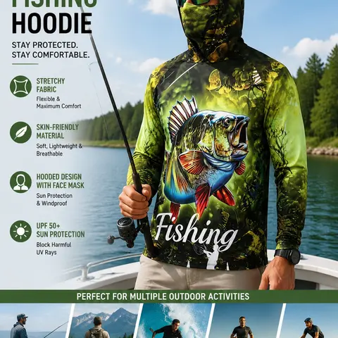 Men's Upf50+ Quick-Dry Fishing Hoodie with Neck Warmer, Long Sleeve Sun Protection Shirt, Outdoor Wear for Men, Premium Outdoor Apparel, Outdoor Tops, Outdoor Fishing Clothing