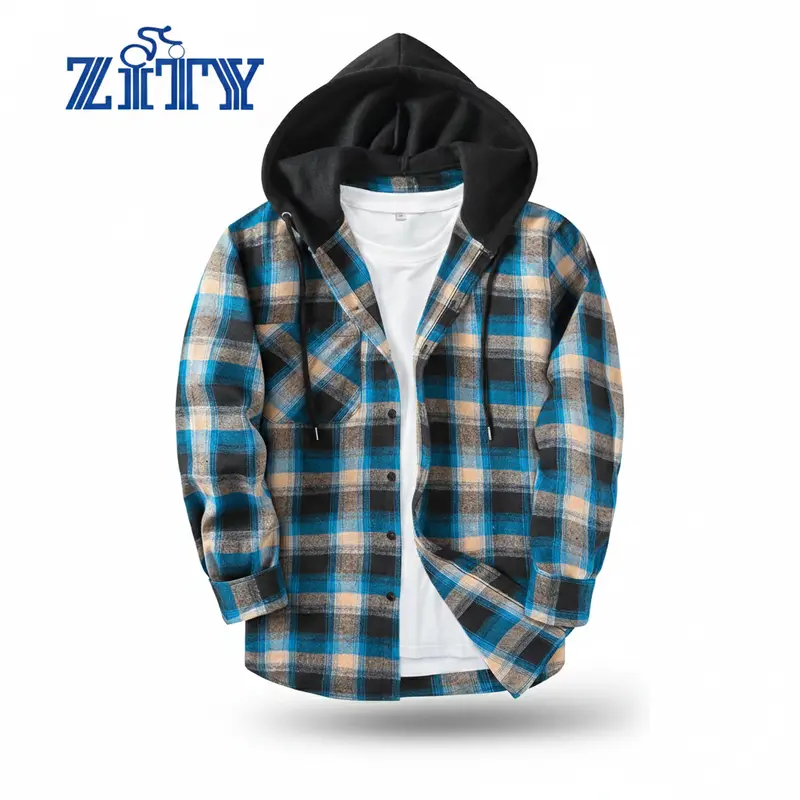 ZITY Men's Blue Brown Plaid Hooded Flannel - Heavyweight Style Soft Fabric Hoodie - Fashion Loose Fit Checked Shirt - Casual Vintage Menswear Tops gifts