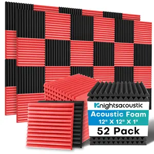 52 Pack Acoustic Foam Panels, 1 X 12 X 12 Inches Sound Proof Foam Panels for Walls, High Density Acoustic Panels Sound Absorbing, Red Noise Cancelling Studio Wedges (NOT INCLUDE ADHESIVE)