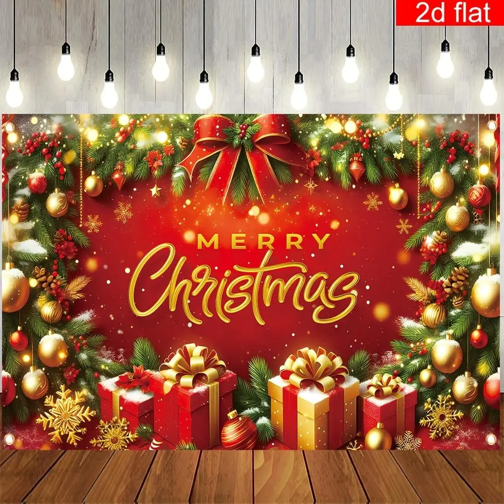 Merry Christmas 2D Flat Banner Polyester Red Gift Decorative Pattern with Four Holes for Easy Hanging Winter New Year's Eve Home Photography Background, Decoration, Party Decoration Supplies