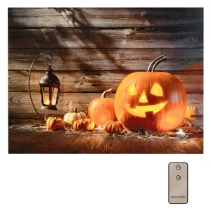 Battery-Operated Lighted Wall Art with Remote Control Jack O’ Lantern Full Color Printed Canvas with Twinkling Amber LED Lights for Halloween Decoration