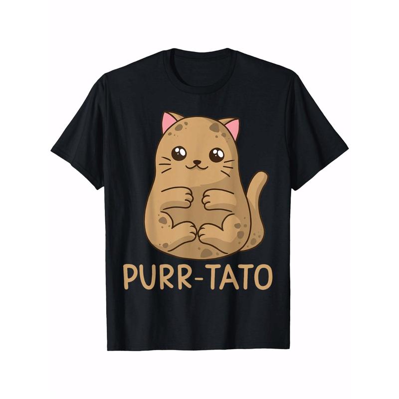 PURR-TATO Yellow Cute Kitten Print Short Sleeve, Printed T Men's And Women's Pure Cotton Black T-shirt, Simple Design Suitable for All Seasons