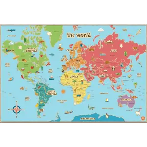 212 MAIN Peel-and-Stick Kids World Dry Erase Map Wall Decals, 24x36 in, Bright Colors, Fun Graphics
