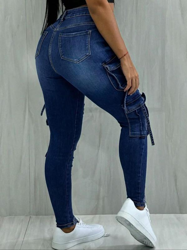 Y2K women's street style multi-pocket cropped work Stretchy Jeans with flap pockets for autumn and winter, perfect for Christmas fashion