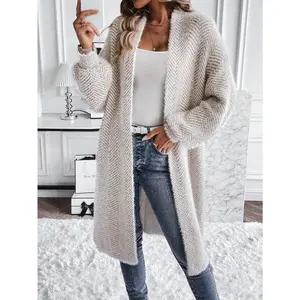 JOYSONS Women's Beige Herringbone Long Cardigan Coat Oversized H-Line Knit Outerwear Soft Slight-Stretch Fabric Collarless Open Front Elegant Fall Winter Long Sleeve Jacket