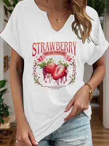 Wo'S Retro Strawberry Print T-Shirt |   Casual Roll-Up Sleeve V-Neck Top with "Strawberry Fields Forever" Graphic, Regular Fit H-Silhouette, Machine Washable Summer Spring Tee