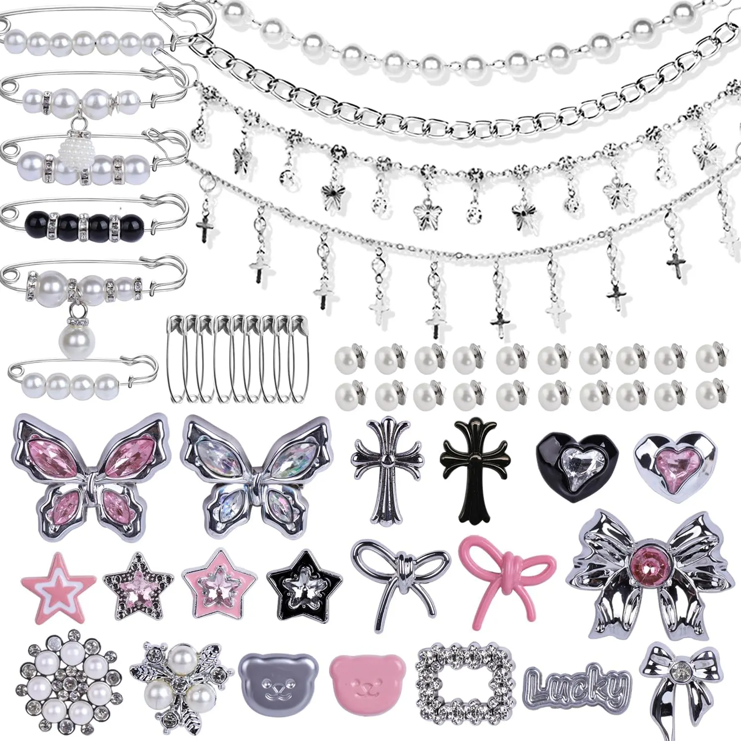 Junk Socks Charms Kit, Silver Brooches and Pins for Women, Pearl and Rhinestone Sock Charms with Safety Pins, Y2k DIY Accessories for Decorating and Personalizing Socks