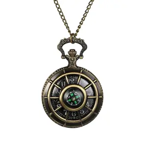 OIDEA Unisex Skeleton Compass Case Numeric Dial Quartz Pocket Watch Sweater Chain