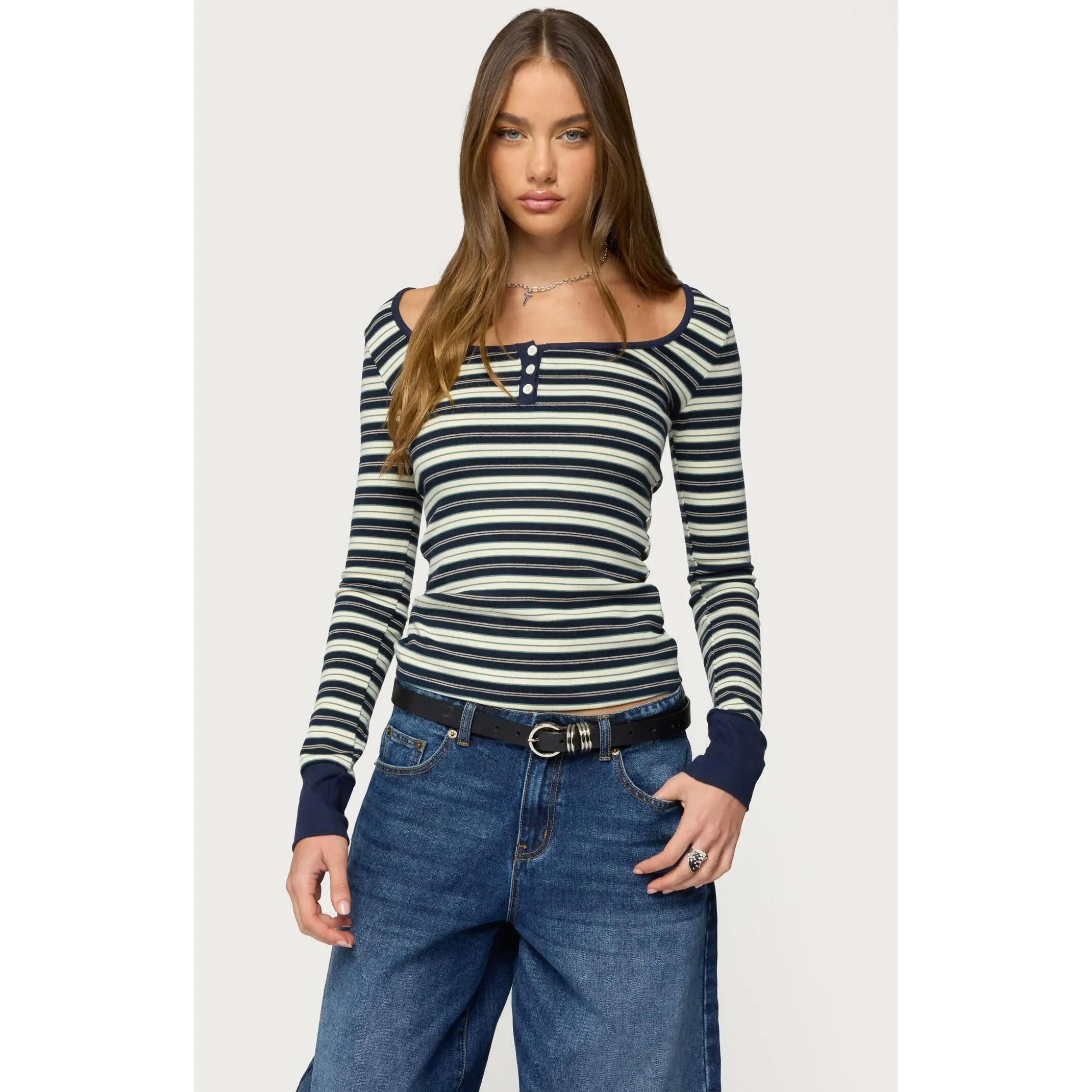 Edikted Women's Jaida Striped Henley Top