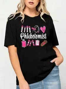 Women's 100% Cotton Short-Sleeve Crew Neck Fitted Graphic Print Casual Tshirt - Nursing Theme Top for Phlebotomists