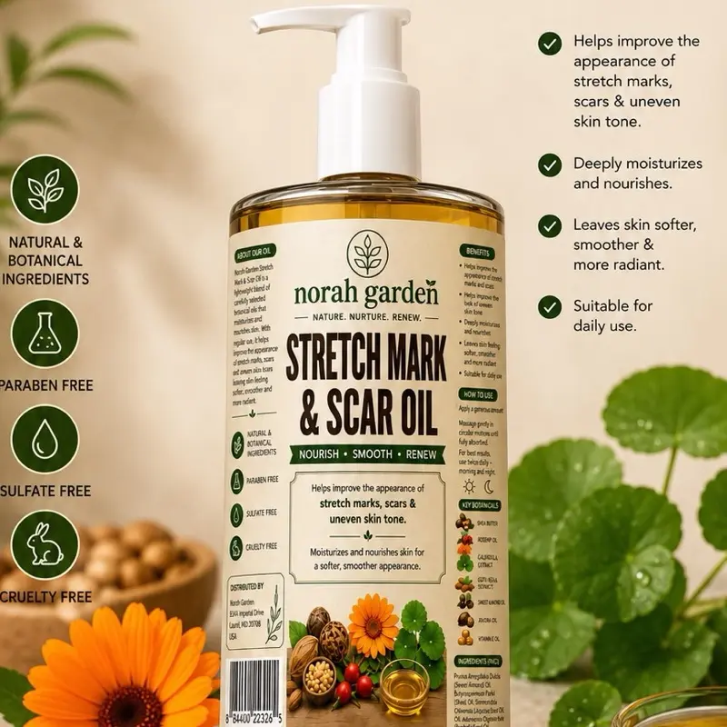 Stretch Mark & Scar Oil | Body Oil with Gotu Kola, Rosehip, shea butter & Vitamin E | Moisturizes Dry Skin | 200 mL Norah garden